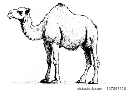 Camel hand drawn ink sketch. Engraved style vector illustration. Camel hand drawn ink sketch. Engraved style vector illustration. 107897818