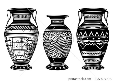 Set of ancient vase hand drawn ink sketch. Engraved style vector illustration. 107897820