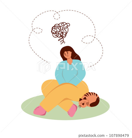 Depression. Sad girl with bad thoughts in her head. Flat illustration Depression. Sad girl with bad thoughts in her head. Flat illustration 107898479