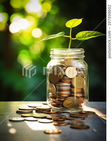 plant growing on stack coin stack. generative ai  107898602