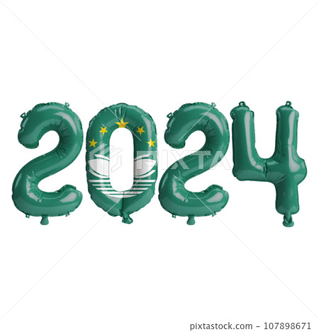 3d illustration of letter about new year 2024 with balloons on color Macau flag 107898671