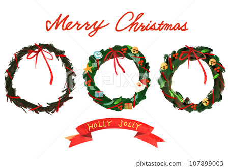 Christmas wreath, red ribbon, hand drawn, HOLLY JOLLY illustration English letters 107899003