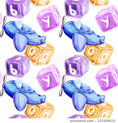 watercolor seamless pattern of child theme with lilac and purple cubes with letters and blue airplane, hand drawn kid's illustration isolated on white background watercolor seamless pattern of child theme with lilac and purple cubes with letters and blue airplane, hand drawn kid's illustration isolated on white background 107899020