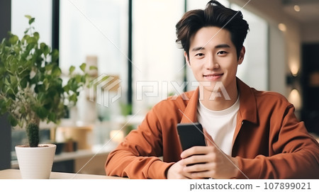 Modern cheerful Asian guy typing a text message on a mobile phone, enjoying online communication, typing reviews Modern cheerful Asian guy typing a text message on a mobile phone, enjoying online communication, typing reviews 107899021