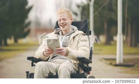 Modern albino guy, disabled, in a chair, typing a text message on a mobile phone, enjoying online communication 107899022