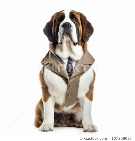 St. Bernard dog in a tailored suit for walking outdoors on a white background St. Bernard dog in a tailored suit for walking outdoors on a white background 107899085