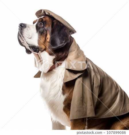 St. Bernard dog in a tailored suit for walking outdoors on a white background 107899086