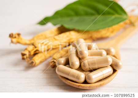 Ginseng, dried vegetable herb. Healthy food famous export food in Korea country. Ginseng, dried vegetable herb. Healthy food famous export food in Korea country. 107899525