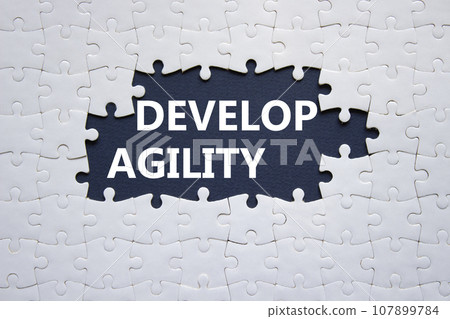 Develop agility symbol. Concept word Develop agility on white puzzle. Beautiful dark blue background. Business and Develop agility concept. Copy space 107899784