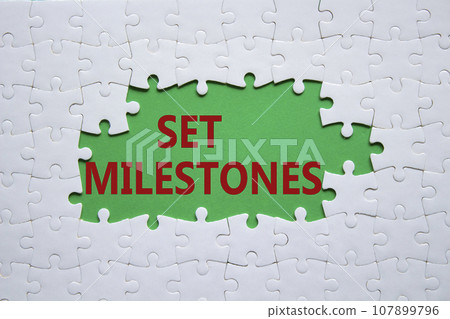 Set milestones symbol. Concept word Set milestones on white puzzle. Beautiful green background. Business and Set milestones concept. Copy space 107899796