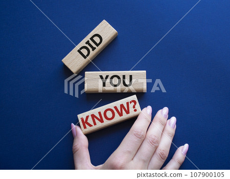 Did you know symbol. Wooden blocks with words Did you know. Businessman hand. Beautiful deep blue background. Business and Did you know concept. Copy space. 107900105