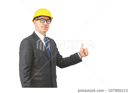 A man shows a gesture with his hands. A man builder in a suit presenting empty hands A man shows a gesture with his hands. A man builder in a suit presenting empty hands 107900223
