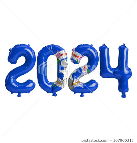 3d illustration of letter about new year 2024 with balloons on color Northern Mariana Islands flag 107900315
