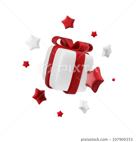3d Gift box decorative festive object with red bows and gold sequins confetti on white background 107900353