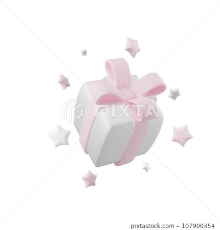 3d Gift box decorative festive object with pink bows and gold sequins confetti on white background 107900354