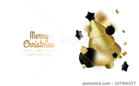 Christmas bright tree with star and balls. Merry Christmas and Happy New Year. Realistic 3d design of objects, christmas ball, Gift box, surprise gifts, gold confetti. Vector illustration 107900357