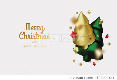 Christmas tree with star and gift. Merry Christmas and Happy New Year. Realistic 3d design of objects, christmas ball, Gift box, surprise gifts, gold confetti. Vector illustration 107900383