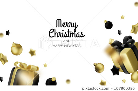 Happy New Year and Merry Christmas. Christmas holiday background with realistic 3d objects,gold and red bauble balls, conical metal stars. Levitation falling design composition. Happy New Year and Merry Christmas. Christmas holiday background with realistic 3d objects,gold and red bauble balls, conical metal stars. Levitation falling design composition. 107900386