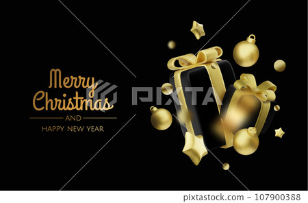Happy New Year and Merry Christmas. Christmas holiday background with realistic 3d objects,gold and red bauble balls, conical metal stars. Levitation falling design composition. Happy New Year and Merry Christmas. Christmas holiday background with realistic 3d objects,gold and red bauble balls, conical metal stars. Levitation falling design composition. 107900388