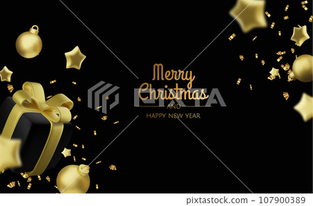 Happy New Year and Merry Christmas. Christmas holiday background with realistic 3d objects,gold and red bauble balls, conical metal stars. Levitation falling design composition. Happy New Year and Merry Christmas. Christmas holiday background with realistic 3d objects,gold and red bauble balls, conical metal stars. Levitation falling design composition. 107900389