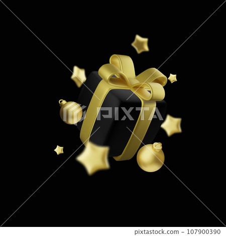 3d Gift box decorative festive object with golden bows and gold sequins confetti on white background 3d Gift box decorative festive object with golden bows and gold sequins confetti on white background 107900390