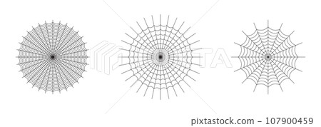 Symmetrical spider web icon. Geometric halloween badge. Minimal spooky sticker. 107900459