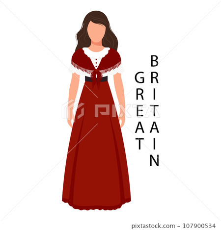 Woman in British retro folk costume. Culture and traditions of Great Britain. Illustration, vector Woman in British retro folk costume. Culture and traditions of Great Britain. Illustration, vector 107900534