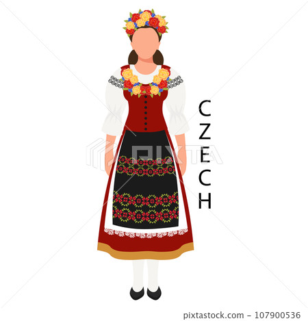 A woman in a Czech folk costume and a flower wreath. Culture and traditions of the Czech Republic. Illustration, vector 107900536