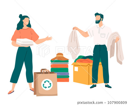 Recycling clothes. Vector illustration. Fabric recycling reduces demand for new materials and conserves resources Reusable cloth shopping bags are eco-friendly alternative to plastic Recycling clothes 107900809