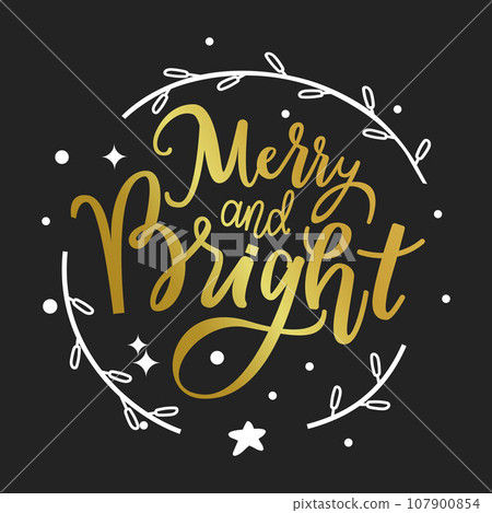 Merry Christmas card. Vector illustration. A gold ornament with lettering made for perfect Christmas decoration The festive poster captured essence winter celebrations The Christmas tree in background 107900854
