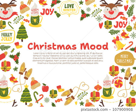 Merry Christmas card. Vector illustration. A festive poster displays Christmas mood scenes and holiday greetings Merry Christmas 2024 may it bring joy and happiness everyone The golden hue decorations Merry Christmas card. Vector illustration. A festive poster displays Christmas mood scenes and holiday greetings Merry Christmas 2024 may it bring joy and happiness everyone The golden hue decorations 107900908