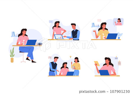 Office working process Set. Woman sitting at the table with laptop, communicates with colleagues, discussing project on dashboard 107901230
