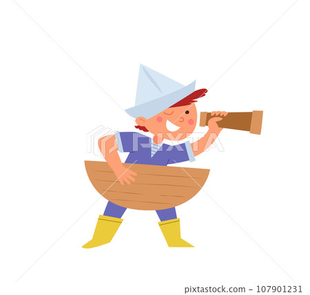 Happy boy plays in handmade cardboard boat and looks through a toy telescope. Childhood. Childrens nautical game 107901231
