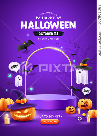 Happy Halloween sale purple podium, pumpkin with hat, ghost, candle, and bat on purple poster  107901368