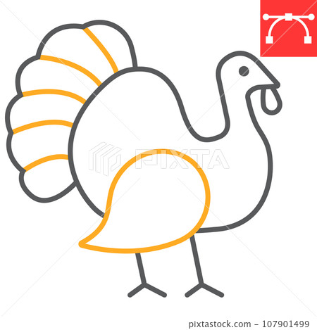 Turkey bird color line icon, animal and poultry, turkey animal sign vector graphics, editable stroke linear icon, eps 10. 107901499