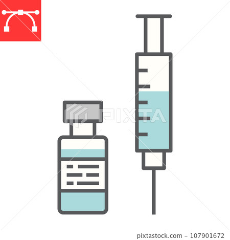 Covid-19 vaccine color line icon, coronavirus and syringe, vaccination sign vector graphics, editable stroke filled outline icon, eps 10. 107901672