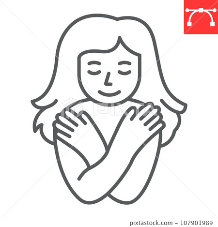 Self love line icon, self acceptance and mindfulness, young woman hugging herself. vector icon, vector graphics, editable stroke outline sign, eps 10. 107901989