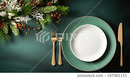 Modern holiday table setting, white empty plates, glass glitter ball decorations, green table, winter holidays, mockup 107902155