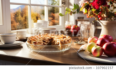 Festive American apple pie decorated with powdered sugar and pieces of apples stands on the countertop 107902157