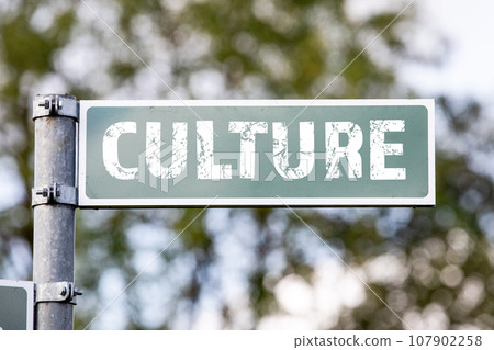 CULTURE. Street road sign with text. Outdoor space CULTURE. Street road sign with text. Outdoor space 107902258
