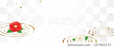 帶有山茶花和波紋、白色和金色的豪華日式橫幅 107902572