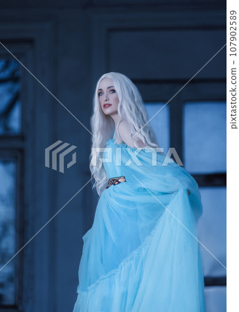 Beautiful woman with a elegant curly hairstyle. Princess. A luxurious blue dress with a long train Beautiful woman with a elegant curly hairstyle. Princess. A luxurious blue dress with a long train 107902589