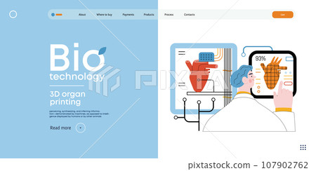 Bio Technology, 3D organ printing -modern flat vector concept illustration of 3D printer creating a human heart. Metaphor of technology in organ transplantation and the future of regenerative medicine 107902762