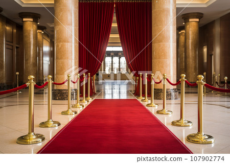 Red carpet with golden barriers and red ropes. Marking the route for celebrities, heads of state on ceremonial events, formal occasions. Red carpet entry, a way to success, VIP persons party entrance Red carpet with golden barriers and red ropes. Marking the route for celebrities, heads of state on ceremonial events, formal occasions. Red carpet entry, a way to success, VIP persons party entrance 107902774