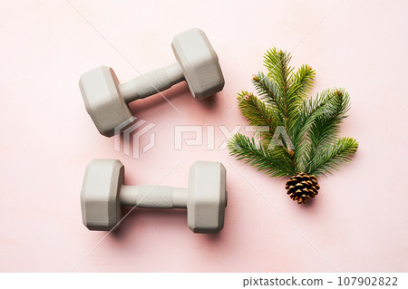 Christmas dumbbells flat lay with pine branches. New Year new you, concept of sport, winter sale season, healthy lifestyle, gym workout and sport training. Exercise equipment, New Year resolutions 107902822