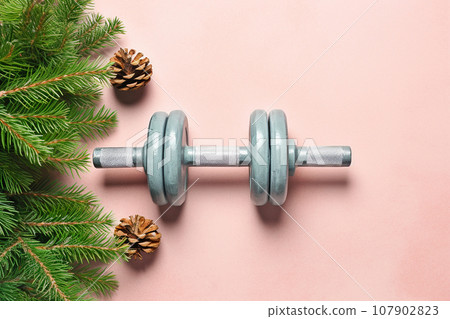 Christmas dumbbells flat lay with pine branches. New Year new you, concept of sport, winter sale season, healthy lifestyle, gym workout and sport training. Exercise equipment, New Year resolutions 107902823