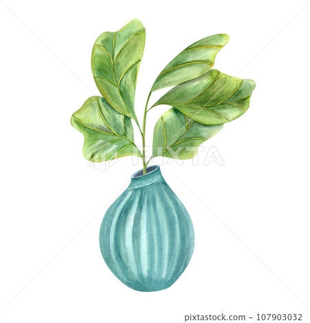 Stylish plant with huge green leaves in blue ceramic pot. Houseplants with fiddle leaf fig, interior decor, label, logo, greetings. Indoor gardening. Watercolor illustration 107903032