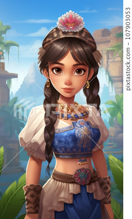 a girl in a mexican dress standing in front of a jungle 107903053