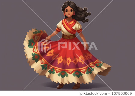 an illustration of a mexican girl in a traditional dress 107903069