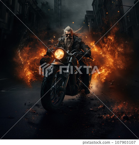 Biker with rocker beard, motorcycle fire art, burning wheels, biker on motorcycle, chopper, custom bike, sunglasses, leather jacket, generative AI, JPG 107903107